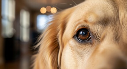 Close-up of a golden retriever's eye, capturing the warm brown iris and the soft fur around it, showcasing the gentle nature of the dog