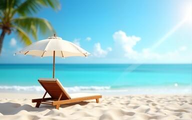 Landscape summer vacation holiday travel ocean sea beach background banner panorama - Wooden sun loungers, lounge chair and parasol on the sand, blue sky and sunshine (Generative Ai). High quality