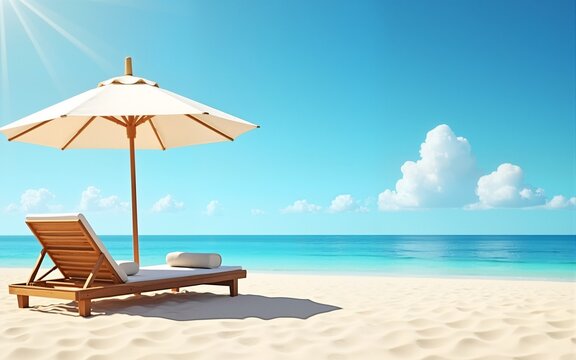 Landscape summer vacation holiday travel ocean sea beach background banner panorama - Wooden sun loungers, lounge chair and parasol on the sand, blue sky and sunshine (Generative Ai). High quality - Powered by Adobe