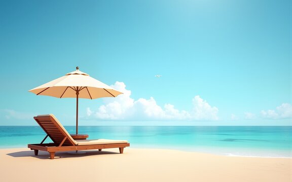 Landscape summer vacation holiday travel ocean sea beach background banner panorama - Wooden sun loungers, lounge chair and parasol on the sand, blue sky and sunshine (Generative Ai). High quality