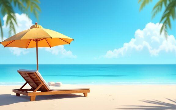 Landscape summer vacation holiday travel ocean sea beach background banner panorama - Wooden sun loungers, lounge chair and parasol on the sand, blue sky and sunshine (Generative Ai). High quality