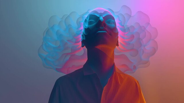 AI brainwave visualization merging with human silhouette, pastel gradient lighting, concept of digital mental resilience, ai driven mental health tools