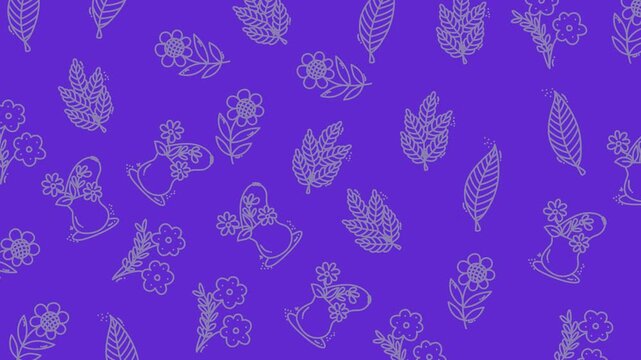 Charming seamless dahlia floral pattern featuring hand-drawn matryoshka dolls and botanical leaves, a whimsical line art vector illustration