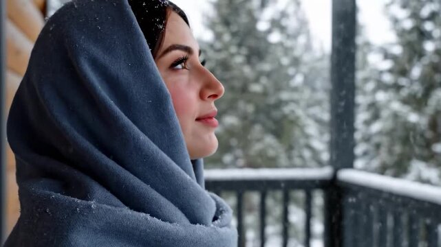 A woman wrapped in a blue shawl stands outdoors in a snowy landscape, exhaling visible breath, with soft snowflakes falling around and trees blurred in the background