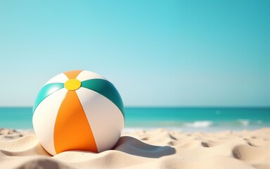 Obraz premium Summer vacation, holiday, travel, tourism, beach , leisure time concept. A serene beach setting with a large, striped beach ball placed on the sand. Space for text. High quality