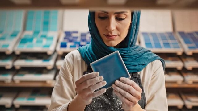 A focused woman in traditional attire meticulously works with colorful tiles in a vibrant workshop filled with various shades and patterns, showcasing craftsmanship and dedication
