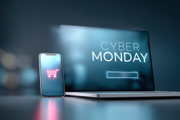 Futuristic digital banner featuring sleek laptop and smartphone with Cyber Monday theme