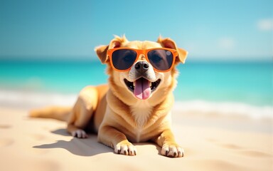 Cute dog wearing sunglasses relaxing on a sandy beach. Perfect for summer vacation concepts. High quality