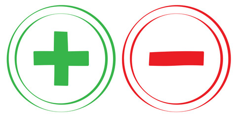 Red & green plus minus icon. Plus and minus vector icon, plus-minus math sign, positive and negative symbol, colorful addition and subtraction sign. Plus sign and minus symbol icons in circle shape.