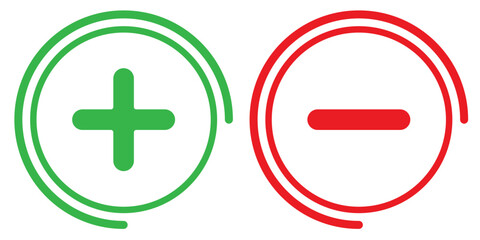 Obraz premium Red & green plus minus icon. Plus and minus vector icon, plus-minus math sign, positive and negative symbol, colorful addition and subtraction sign. Plus sign and minus symbol icons in circle shape.