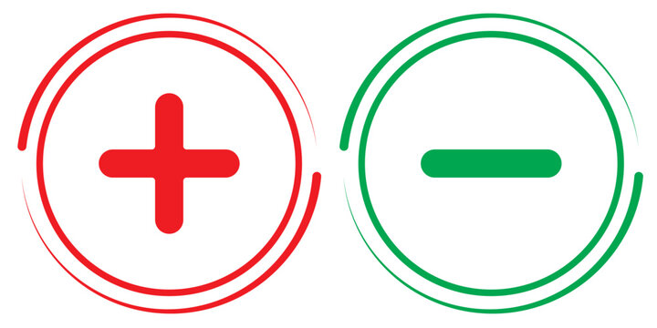 Red & green plus minus icon. Plus and minus vector icon, plus-minus math sign, positive and negative symbol, colorful addition and subtraction sign. Plus sign and minus symbol icons in circle shape.