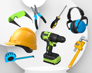 Construction tools and safety equipment floating over podium on abstract background, industrial work and protection concept