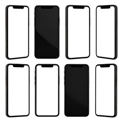 Eight smartphones, some with lit, some dark screens