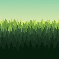 Stylized Green Forest Landscape with Layered Pine Trees and Gradient Sky