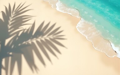 Top view of tropical leaf shadow on water surface. Shadow of palm leaves on white sand beach. Beautiful abstract background concept banner for summer vacation at the beach,goldern hours golden sand