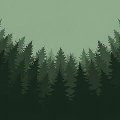 Stylized Evergreen Forest Silhouette Background with Green Mist