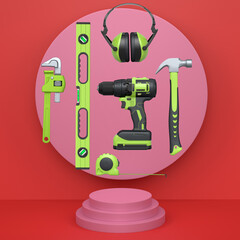 Construction tools and safety equipment floating over podium on abstract background, industrial work and protection concept