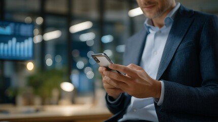 Futuristic workspace where employee consults smartphone’s AI assistant for data insights, symbolizing innovation, smart analytics, and seamless integration of mobile artificial intelligence tools.