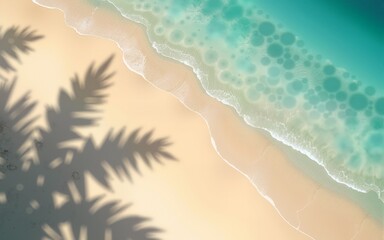Top view of tropical leaf shadow on water surface. Shadow of palm leaves on white sand beach. Beautiful abstract background concept banner for summer vacation at the beach,goldern hours golden sand