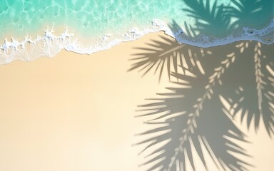 Top view of tropical leaf shadow on water surface. Shadow of palm leaves on white sand beach. Beautiful abstract background concept banner for summer vacation at the beach,goldern hours golden sand