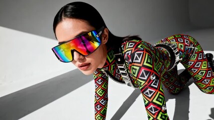 Futuristic fashion model crawling in studio light wearing neon geometric bodysuit and oversized rainbow visor sunglasses, bold editorial style for avant garde streetwear and creative advertising - Powered by Adobe