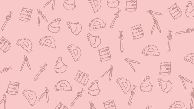 Whimsical education pattern doodle featuring various school and science supplies on a soft pink background, ideal for back-to-school themes and learning concepts