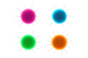 Neon glowing circles abstract buttons design, colorful vibrant light frames, transparent background elements