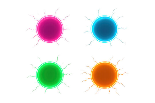 Neon glowing circles abstract buttons design, colorful vibrant light frames, transparent background elements