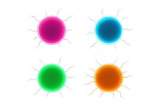 Neon glowing circles abstract buttons design, colorful vibrant light frames, transparent background elements