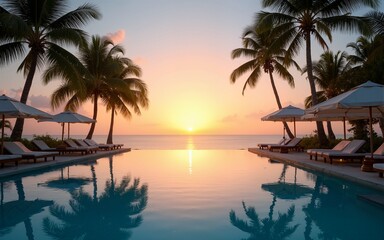 Idyllic sunset beach scene, infinity pool in luxury resort, tropical landscape with palm trees and sun loungers and closed umbrellas. Luxury summer holiday and beach vacation concept. High quality