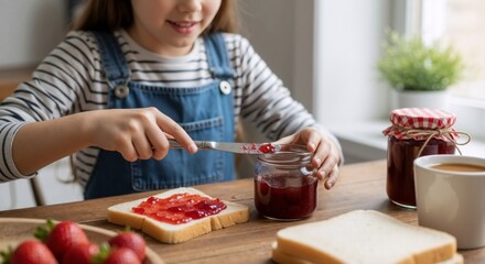 Young girl spreading red jam on a slice of bread at a wooden table. Child preparing a sweet sandwich for breakfast. Homemade food and childhood independence concept