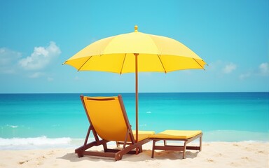 Fototapeta premium umbrella chair yellow in front of the sea vacation summer beach. High quality