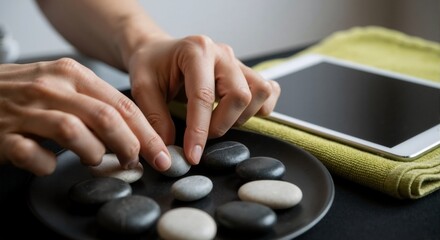 Close-up of a person's hands arranging smooth zen stones on a plate. Mindfulness and balance concept for stress relief. Digital detox from technology