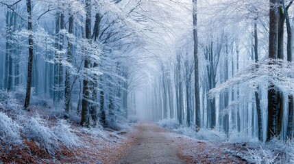 Naklejka premium Snow blankets the path and trees in a quiet forest creating a tranquil atmosphere at dawn.