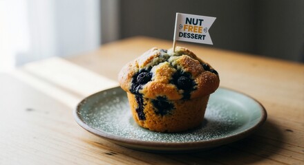 A close-up of a blueberry muffin with a 'Nut Free Dessert' sign. Food allergy awareness and special dietary baked goods concept for cafes and bakeries