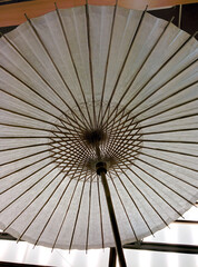 A large white Japanese umbrella seen from the inside / 内側から仰ぎ見る白い大きな和傘