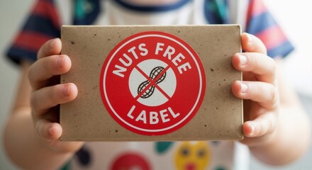 Child holding a product with a nuts free warning label. Food allergy awareness and safety concept with a peanut-free sticker on a box