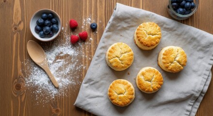 Fototapeta premium Homemade scones with fresh blueberries and raspberries for breakfast. Rustic food flat lay on a wooden table background