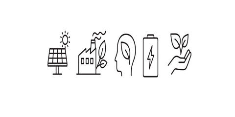 Fototapeta premium Print Energy and Sustainability Line Icons — renewable power, wind turbine, solar panel, eco factory vector set