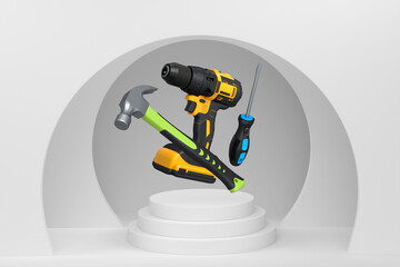 Construction tools and safety equipment floating over podium on abstract background, industrial work and protection concept