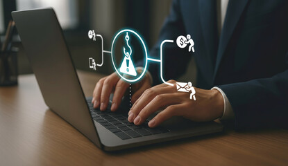 Person typing on laptop with phishing and scam warning icons symbolizing online fraud and cyber attack risk.