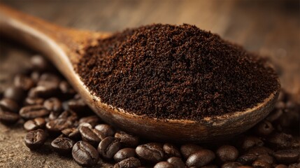 Dark finely ground coffee sits in a wooden spoon alongside unground coffee beans on wood.