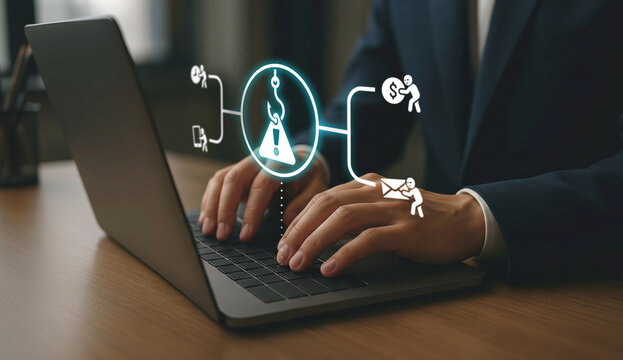 Person typing on laptop with phishing and scam warning icons symbolizing online fraud and cyber attack risk.