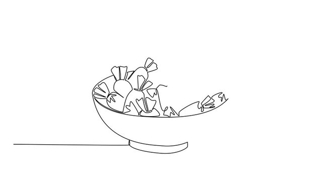 Self drawing animation of single one line drawing pile of colorful candy in a bowl. Chewy, soft and light candy with many color choices. Sweet foods. Snack. National Taffy Day. Full length animated