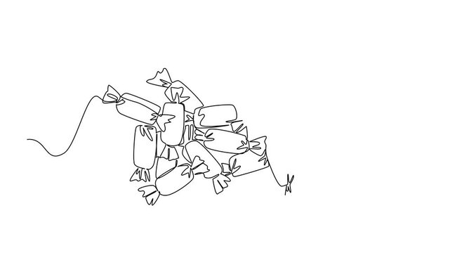 Animation of continuous one line drawing pile of colorful candy. Bring plenty of stock to snack on while studying. Enjoy. National Taffy Day. Single line self drawing animated. Full length motion