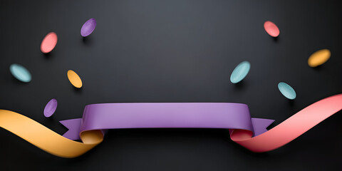 Colorful ribbon banner mock up with vibrant circular shapes floating around on a dark background, creating an engaging and festive atmosphere for design purposes