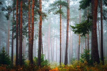Enchanting forest scene with tall trees shrouded in mystical fog, creating a serene and ethereal atmosphere for nature lovers and scenic backgrounds