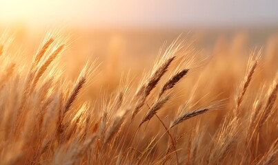 Fototapeta premium dreamlike abstract wheat field glowing in golden light, soft haze and motion blur, wind moving gently through the grains, nostalgic warmth, cinematic depth, emotional serenity, pastel gold tones