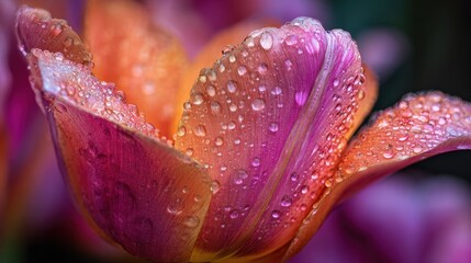 Dew drops create a magical sparkle on the bright tulip petals in the sunny garden.