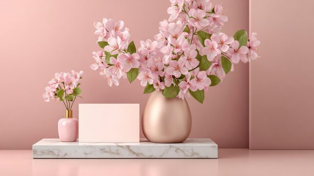 Close up view of checklist and wedding invitations concept. Aesthetic pink flower arrangement in elegant vase on marble stand.